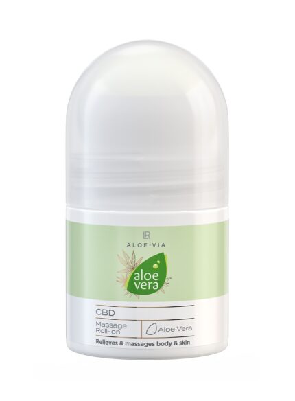 Roll-on de masaje con aloe vera, CBD y cúrcuma para aliviar tensión muscular.